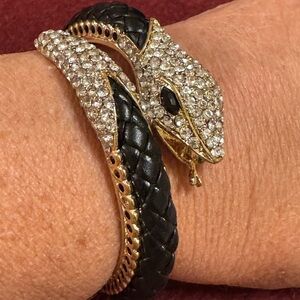 NWOT gold tone & black leather braided cuff snake bracelet w/clear rhinestones